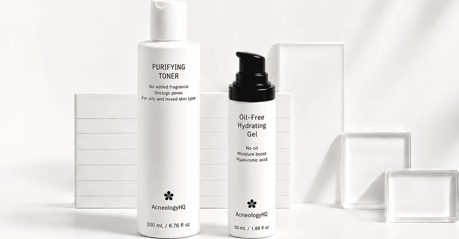 Purifying Toner and Oil-Free Hydrating Gel arranged with translucent blocks