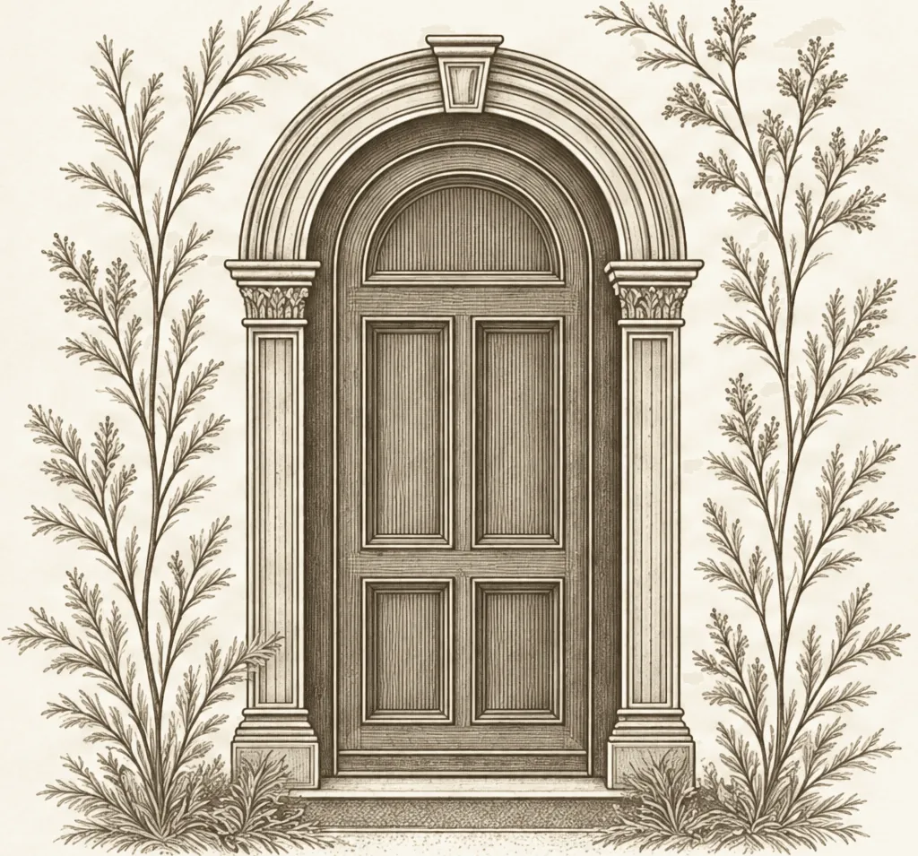 Illustrated arched doorway surrounded by botanical details