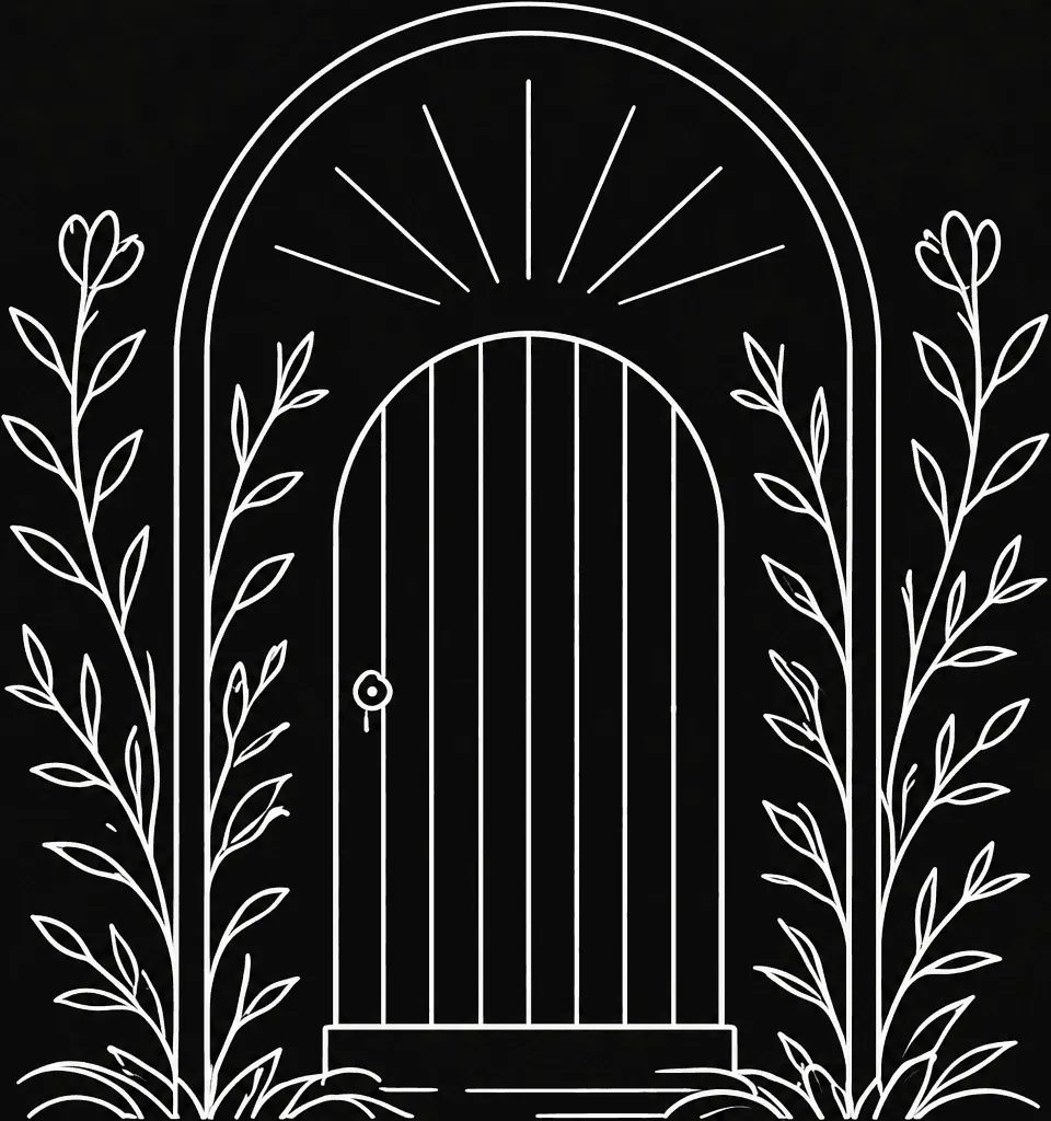 Decorative line illustration of an arched doorway surrounded by plants