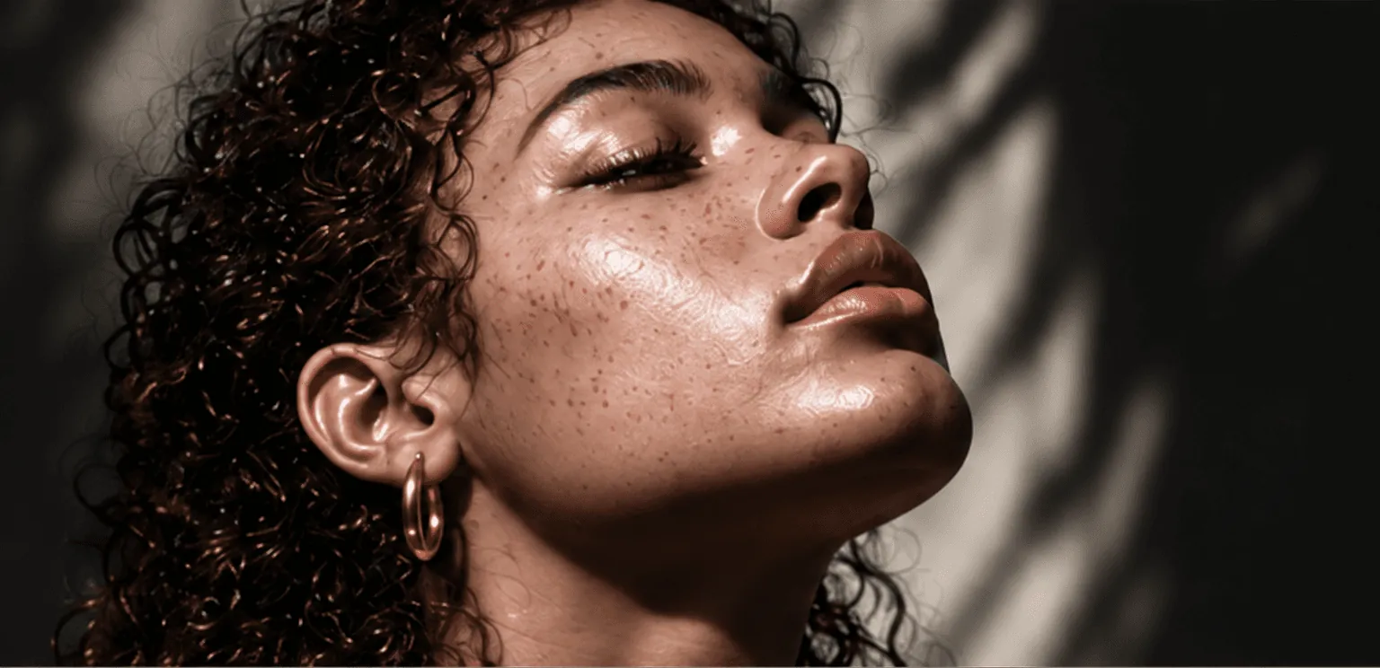 Portrait of a person looking upward with natural skin texture