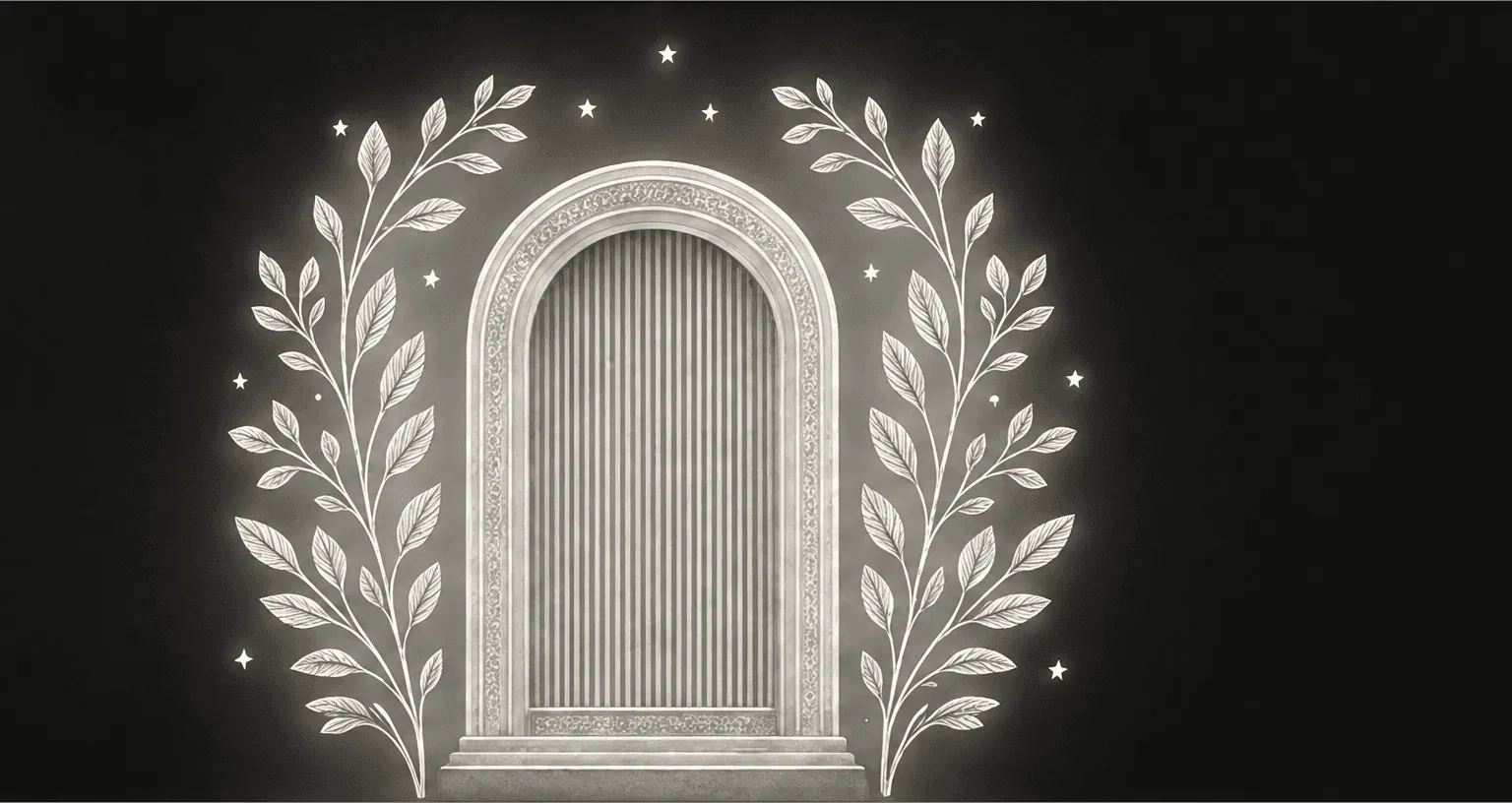Decorative arched doorway surrounded by botanical line art