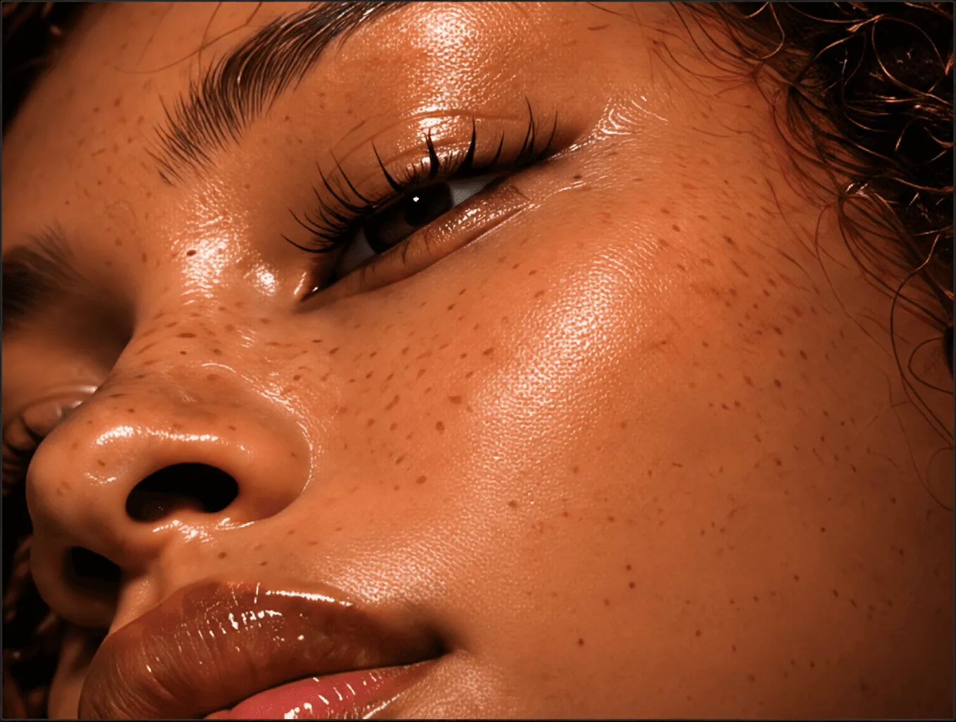Close editorial portrait with visible natural skin texture