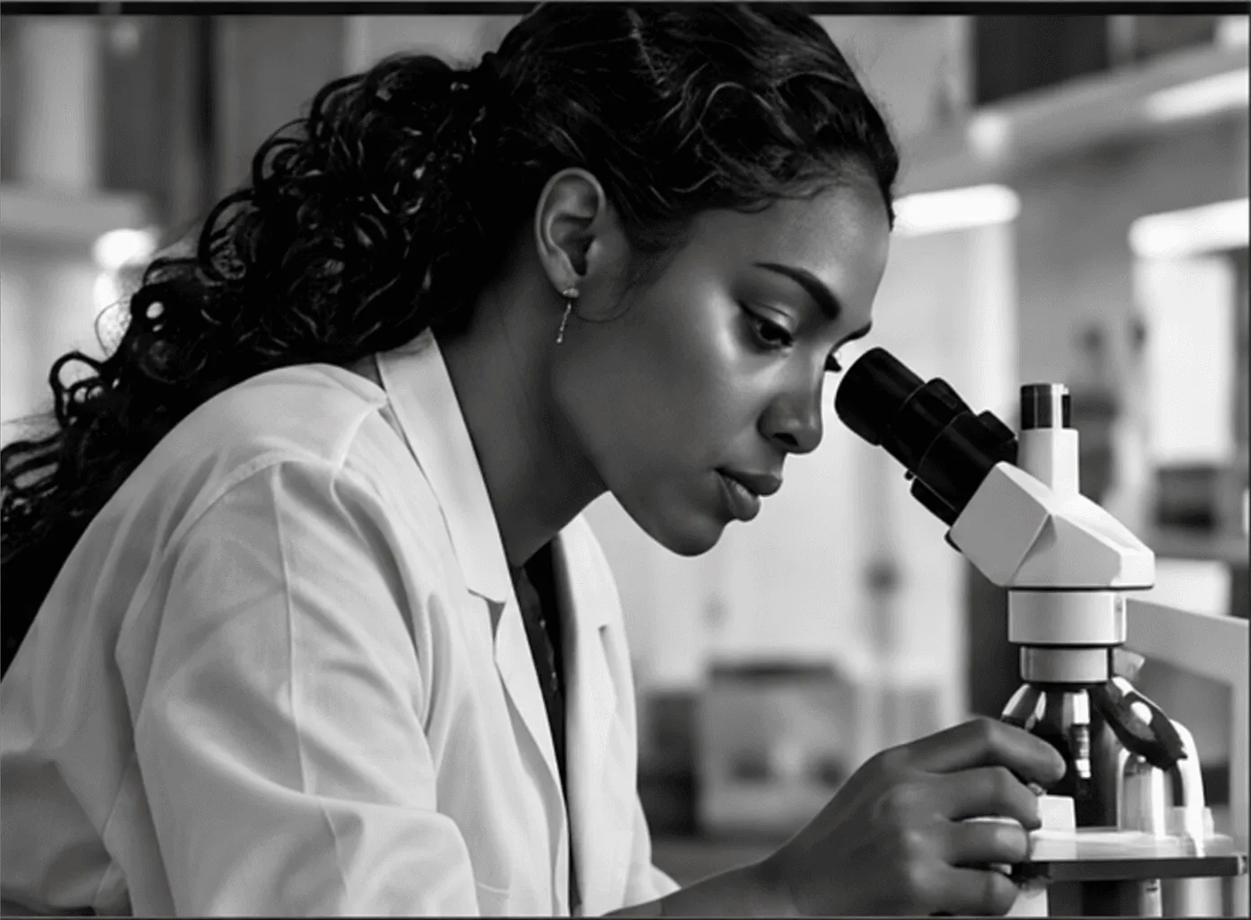 Editorial concept image of a person using a microscope