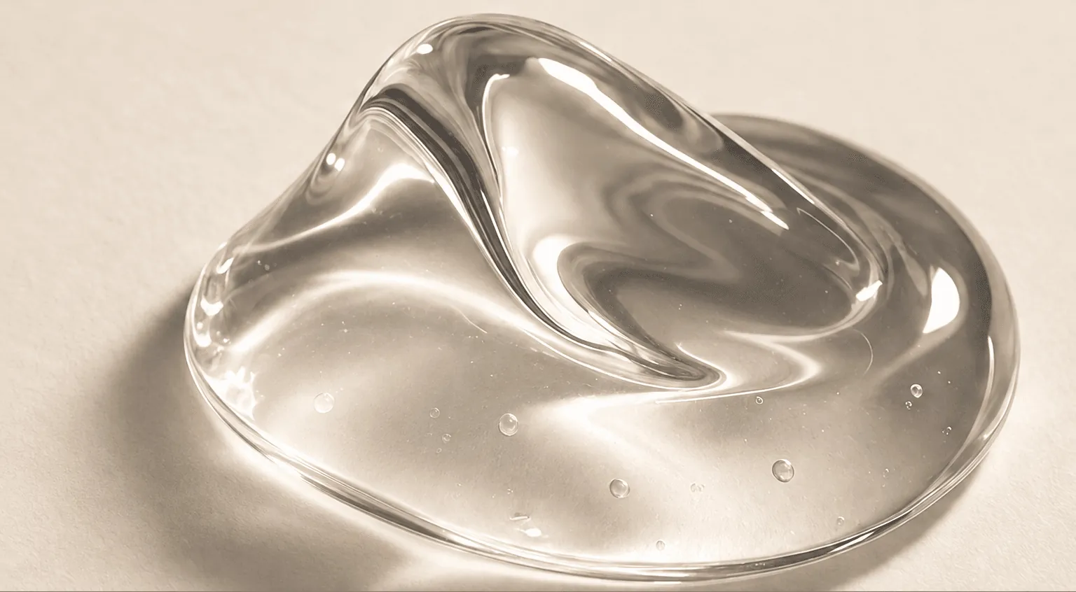 Transparent skincare gel texture on a warm neutral surface